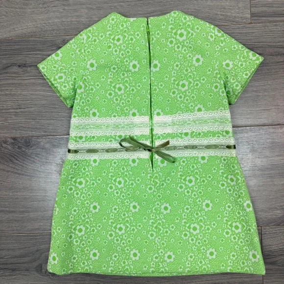 Vintage Handmade Girls 3T Green Floral Lace Shift Dress Short Sleeve Retro 70s - Picture 7 of 14